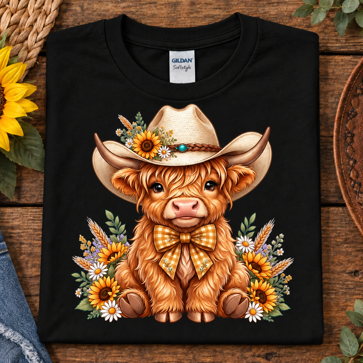 Sunflower Cowgirl Highland Cow Youth Graphic T-Shirt