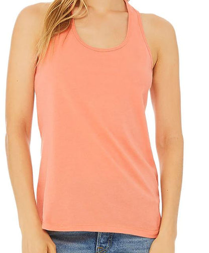 Coral tank top worn by a person on a white background