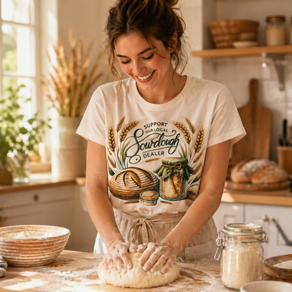 Woman kneading dough in a kitchen wearing a natural colored t-shirt with bread graphics.