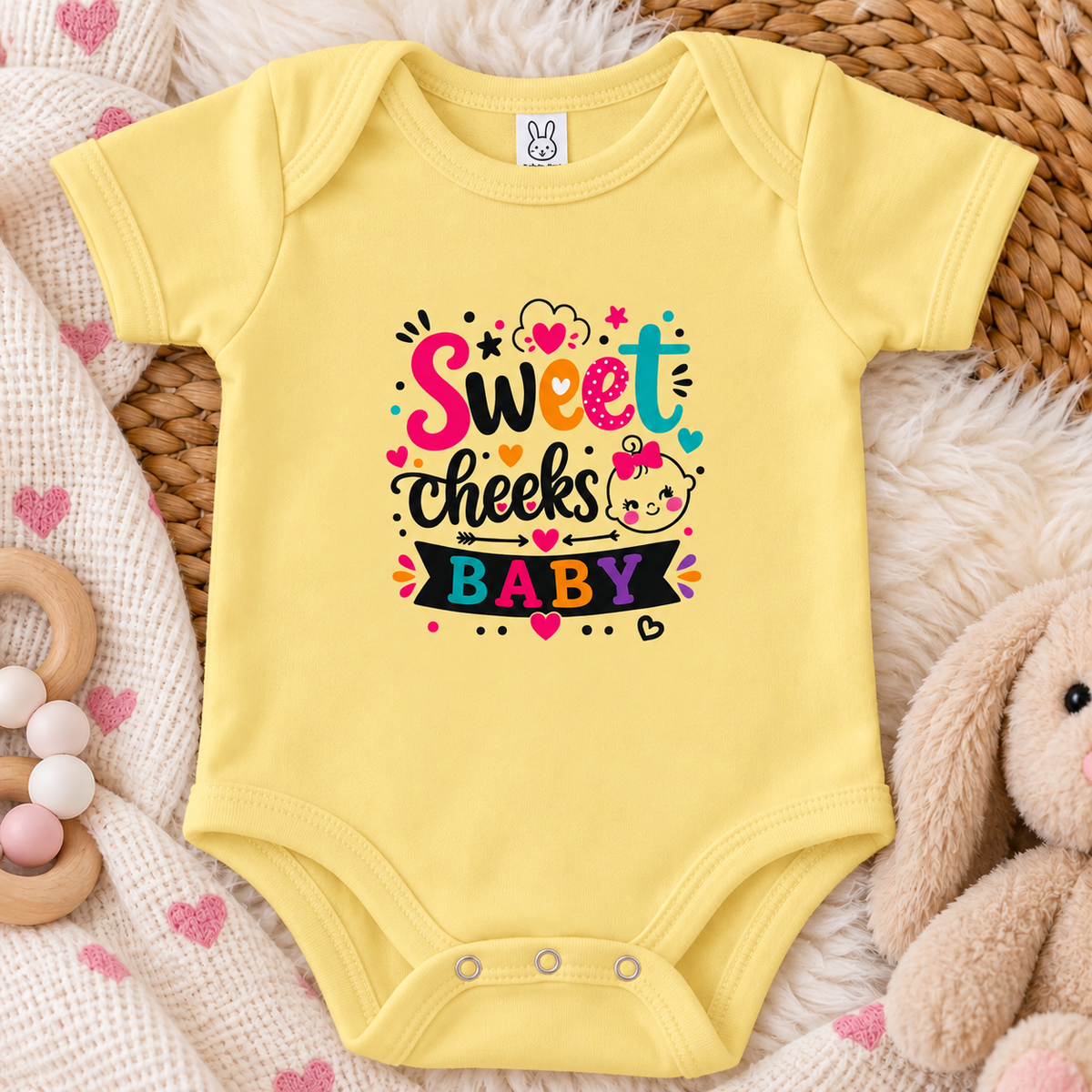 A butter colored graphic onesie design with the words 'Sweet cheeks BABY' in playful hand-lettered typography, surrounded by hearts, stars, dots, and a cartoon baby face with a pink bow on a white background.