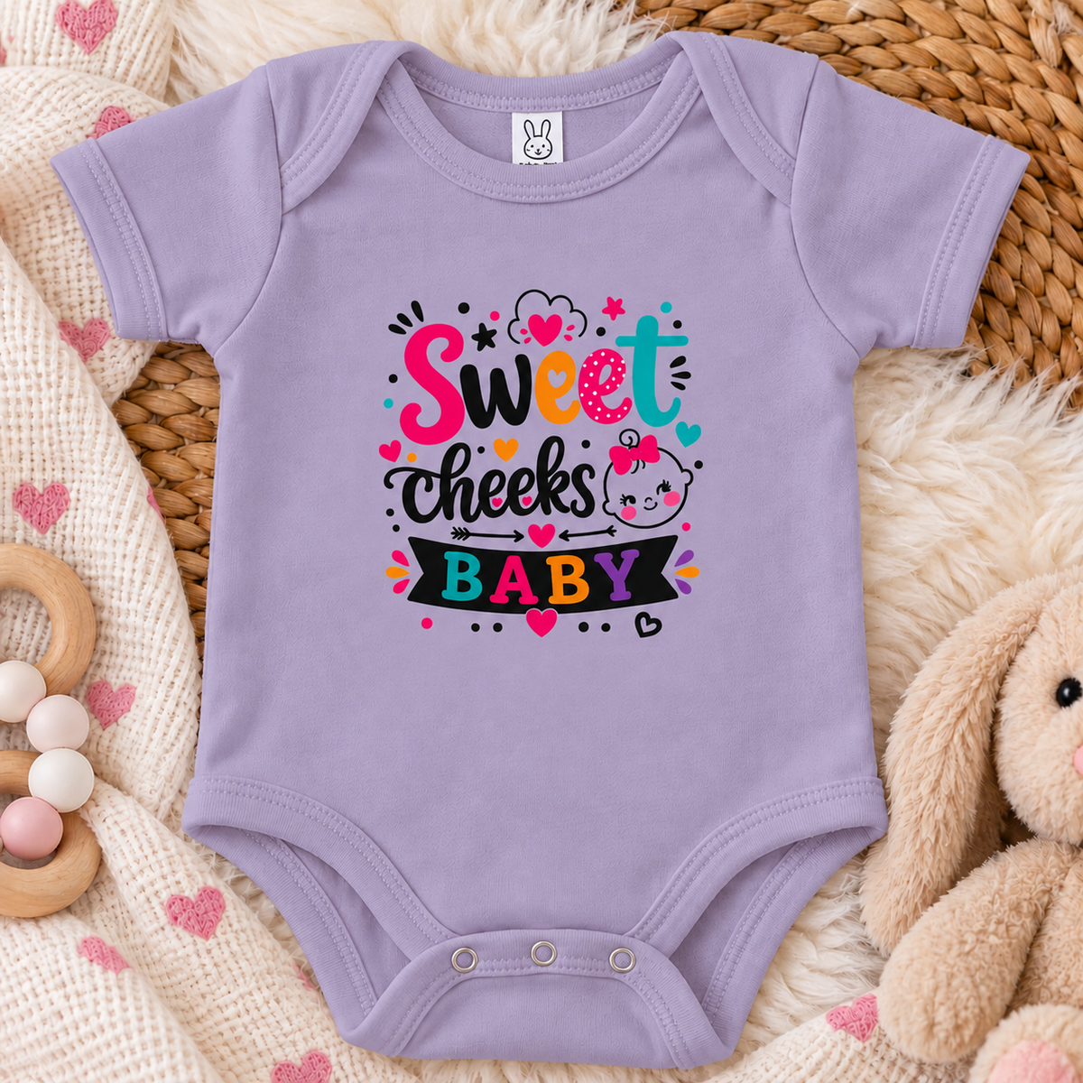 A lavender colored graphic onesie with the words 'Sweet cheeks BABY' in playful hand-lettered typography, surrounded by hearts, stars, dots, and a cartoon baby face with a pink bow on a white background.
