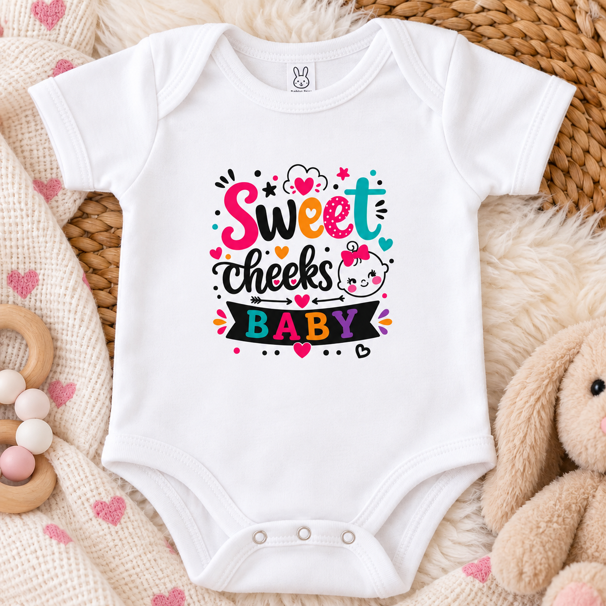 A white onesie graphic design with the words 'Sweet cheeks BABY' in playful hand-lettered typography, surrounded by hearts, stars, dots, and a cartoon baby face with a pink bow on a white background.