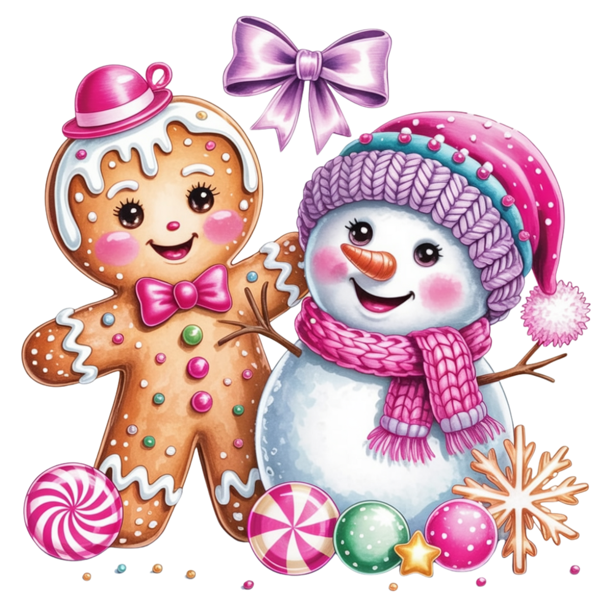 A festive Christmas illustration featuring a smiling gingerbread man and snowman side by side, with candy lollipops, ornaments, a snowflake, and a large purple bow on a plain white background.