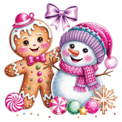 A festive Christmas illustration featuring a smiling gingerbread man and snowman side by side, with candy lollipops, ornaments, a snowflake, and a large purple bow on a plain white background.