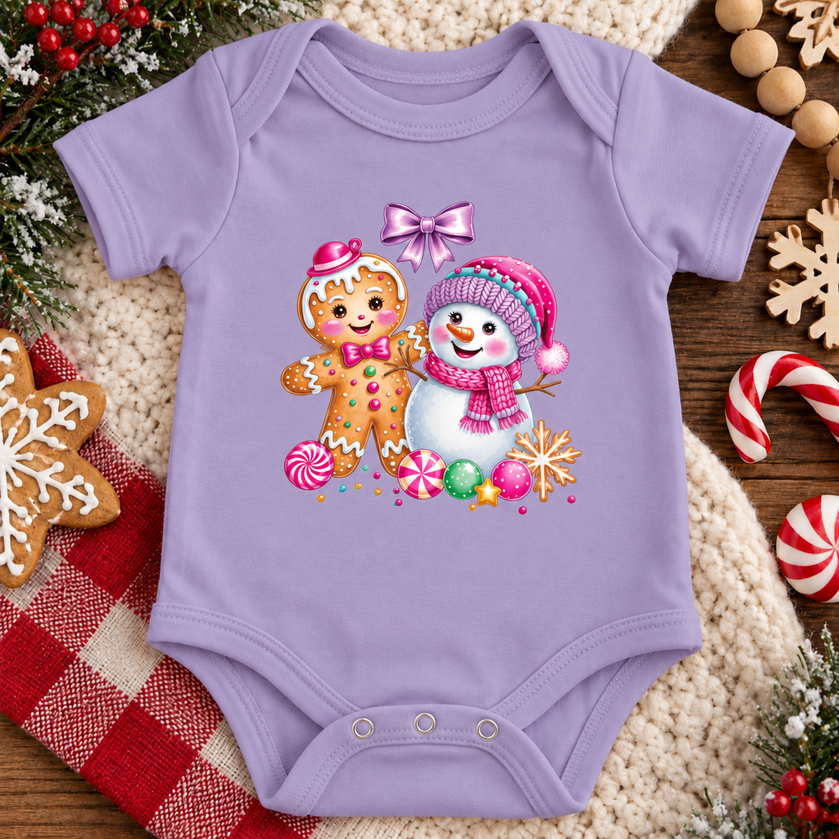 A lavender baby bodysuit with a colorful Christmas print of a gingerbread man and a snowman, styled on a cozy beige knit blanket with holiday decorations.