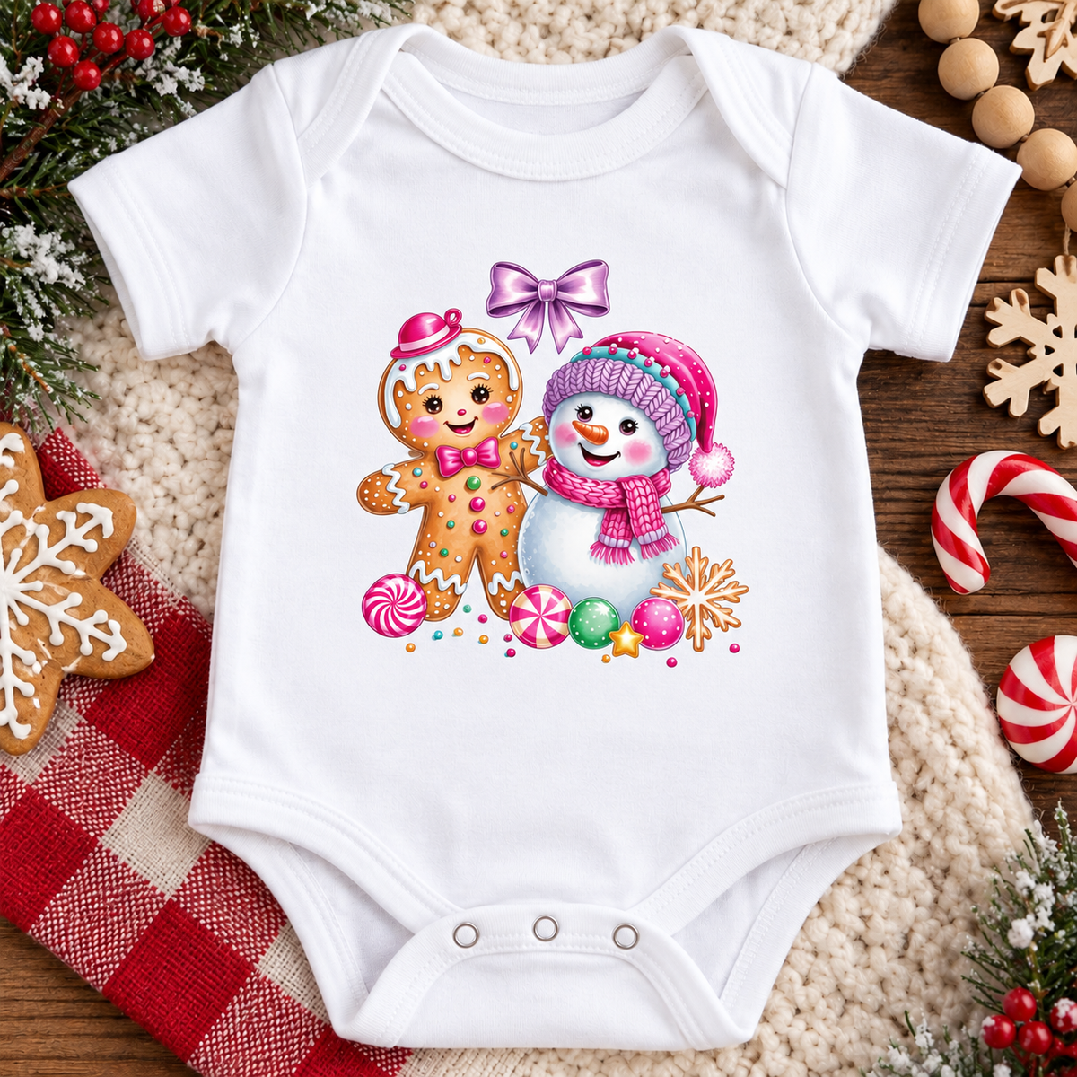 A white short-sleeve baby bodysuit laid flat on a cozy holiday-themed background. The bodysuit features a colorful graphic print of a gingerbread cookie and a snowman wearing a pink hat and scarf, surrounded by candy canes, ornaments, and festive decorations.