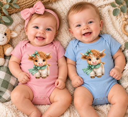 A boy and girl infant wearing the highland cow onesie on pink and light blue