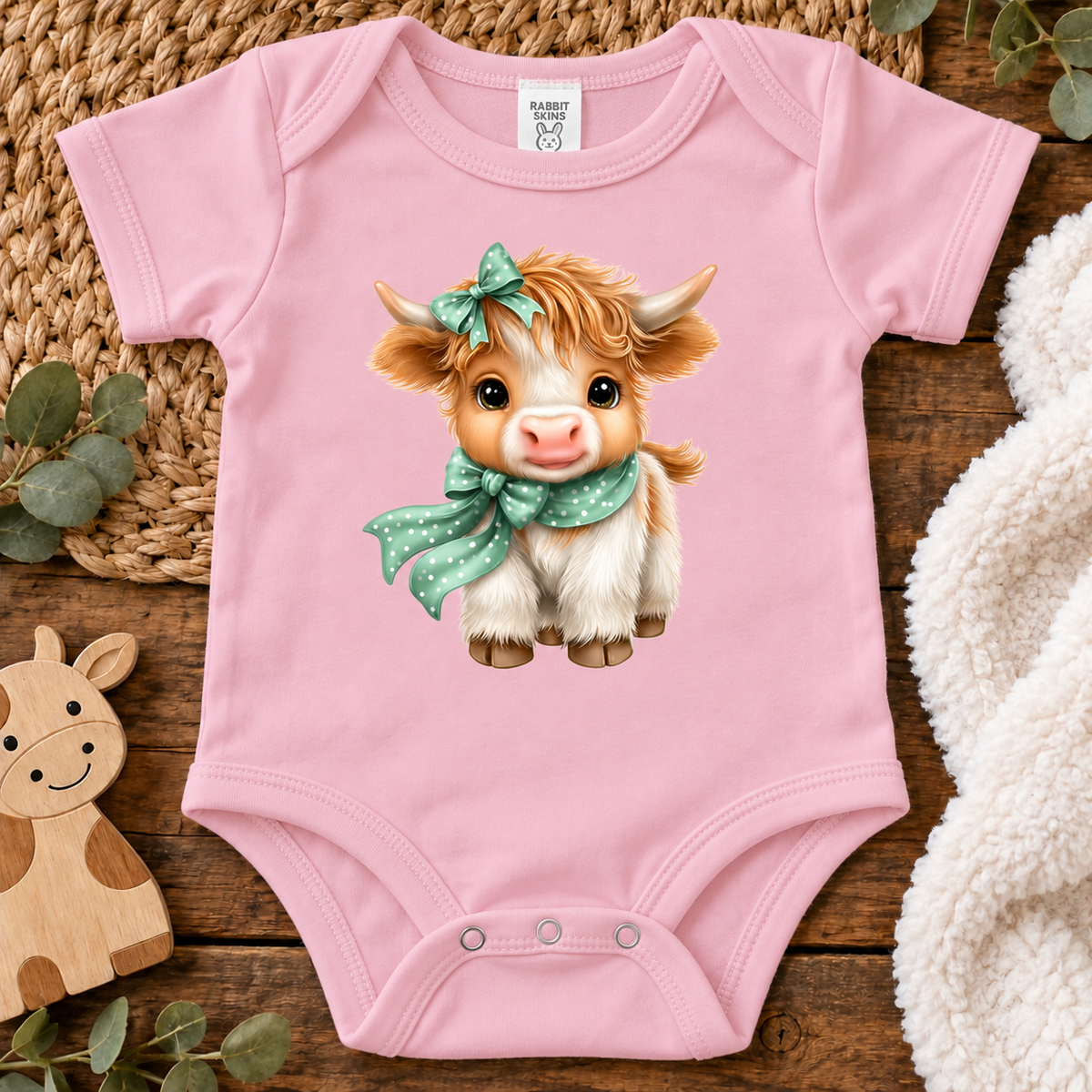 A pink colored onesie(bodysuit) with a highland cow with a polka dot scarf and bow.