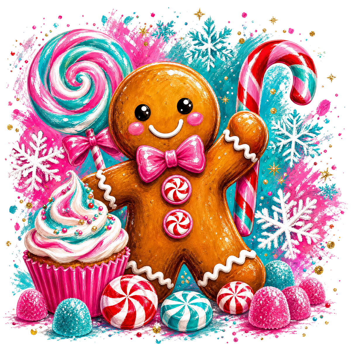 A festive Christmas illustration featuring a gingerbread man in the center, surrounded by a pink-and-white swirled cupcake, large candy canes, pink and blue peppermint candies, snowflakes, and colorful candy corn on a bright pink and blue background.