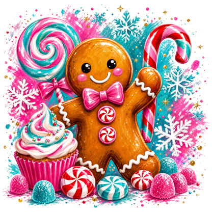A festive Christmas illustration featuring a gingerbread man in the center, surrounded by a pink-and-white swirled cupcake, large candy canes, pink and blue peppermint candies, snowflakes, and colorful candy corn on a bright pink and blue background.