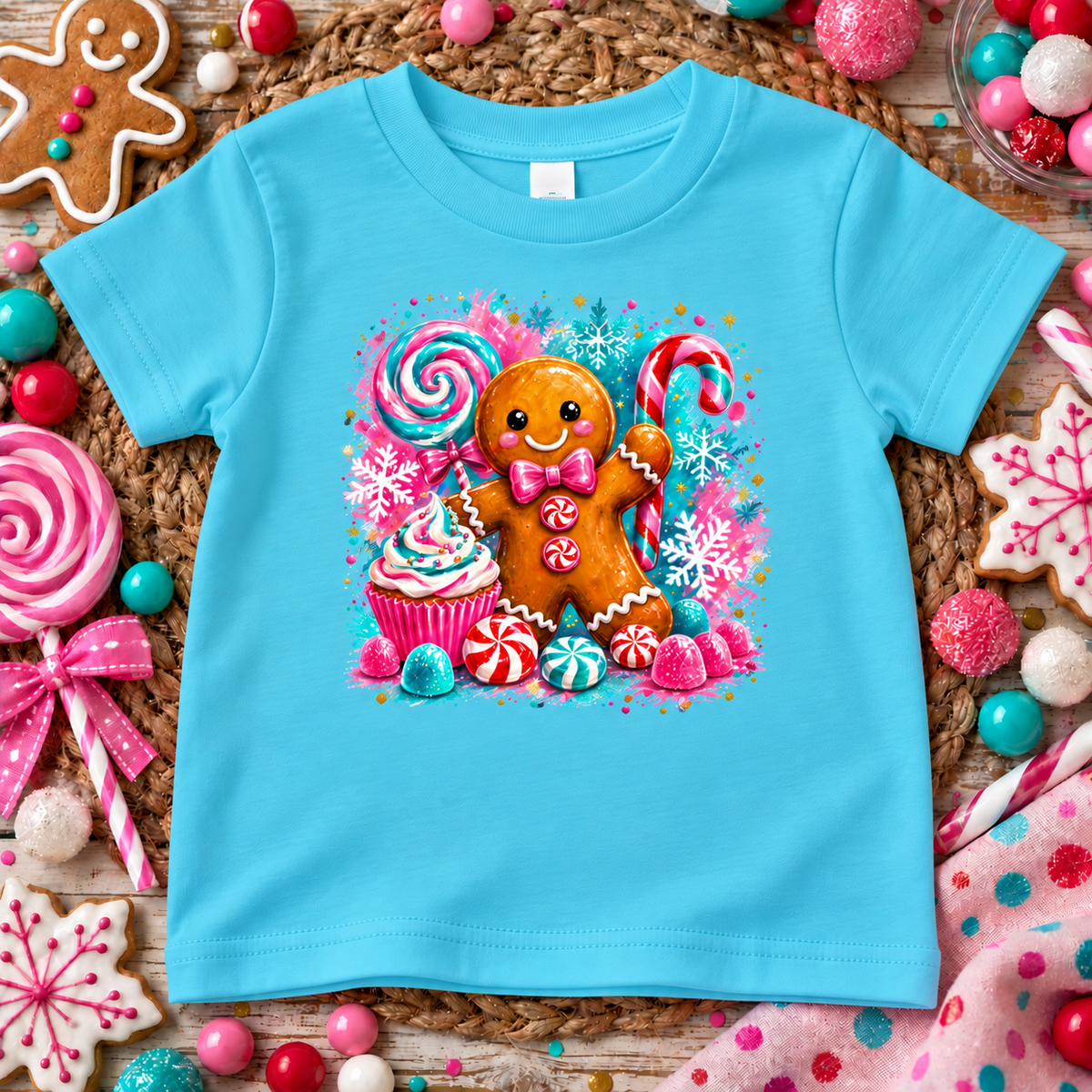 A light blue short-sleeve kids' t-shirt with a colorful graphic of a gingerbread man surrounded by candy, presented in a flat-lay on a woven mat with holiday decorations.