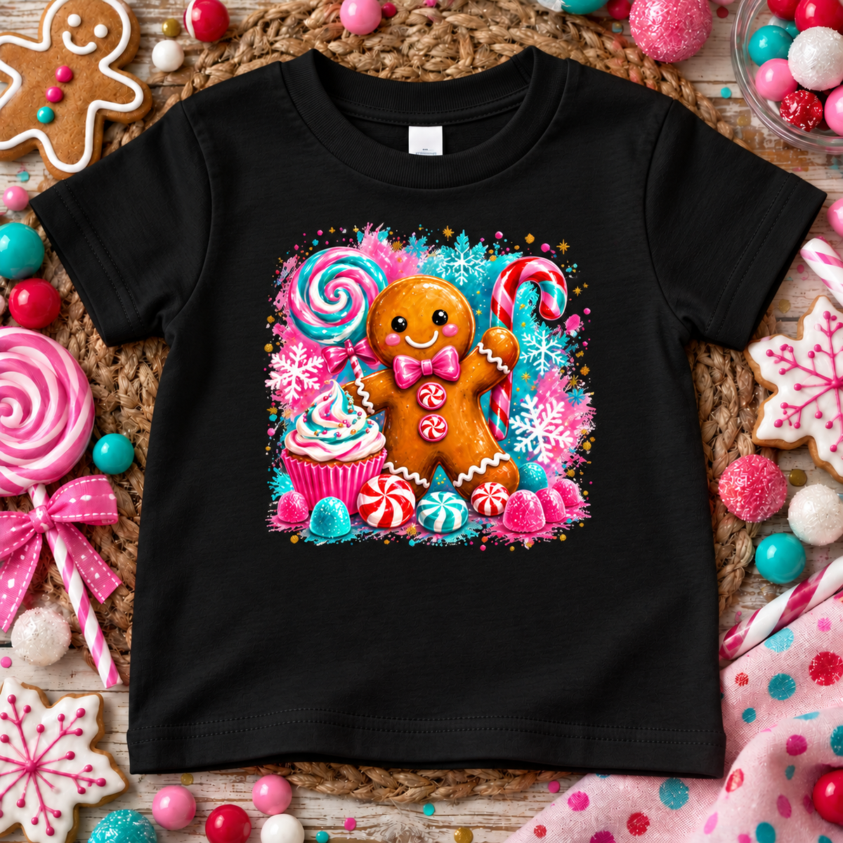 A black short-sleeve kids' t-shirt featuring a colorful graphic print of a gingerbread man surrounded by candy, a cupcake, and snowflakes. The shirt is displayed in a flat-lay arrangement on a woven mat, surrounded by festive candy-themed props like lollipops, candy canes, and snowflake cookies.