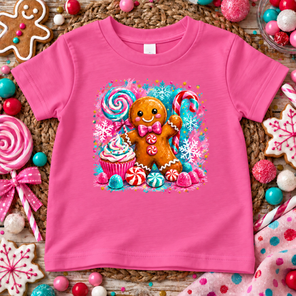 A raspberry pink short-sleeve kids' t-shirt featuring a colorful graphic of a gingerbread man surrounded by festive candies, snowflakes, and a cupcake. The shirt is displayed in a styled flat-lay on a woven mat, surrounded by holiday decorations like cookies, candy canes, and sprinkles.