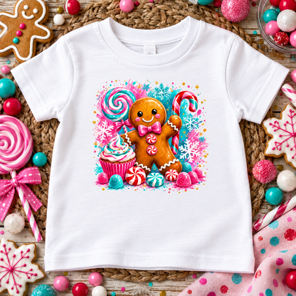A white short-sleeve kids' T-shirt laid flat on a rustic woven mat, surrounded by holiday decorations like candy canes, sprinkles, and gingerbread cookies. The shirt features a colorful front graphic of a gingerbread man surrounded by lollipops, a cupcake, snowflakes, and candy.