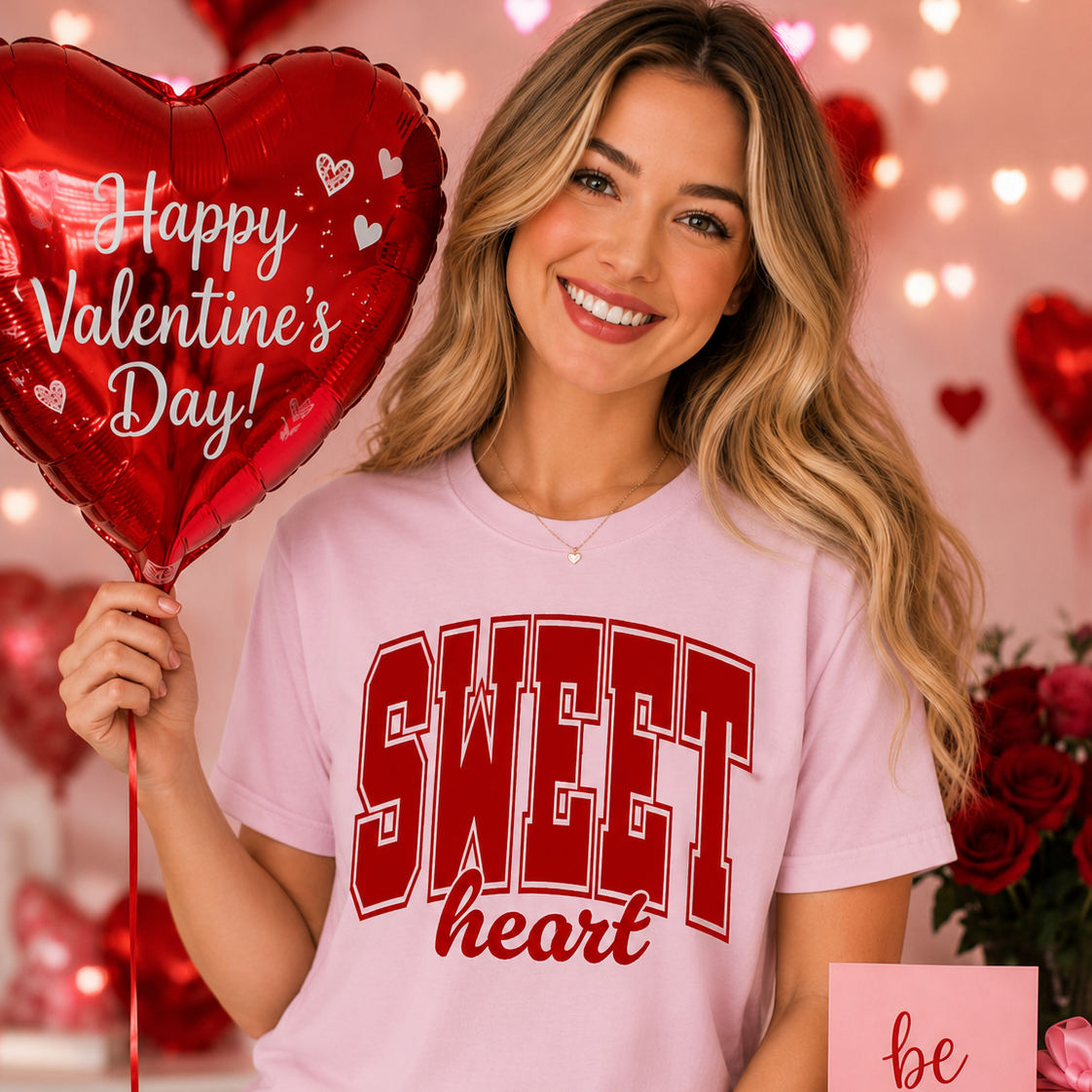 Woman wearing a 'Sweet heart' light pink shirt holding a Valentine's Day balloon with hearts and lights in the background.