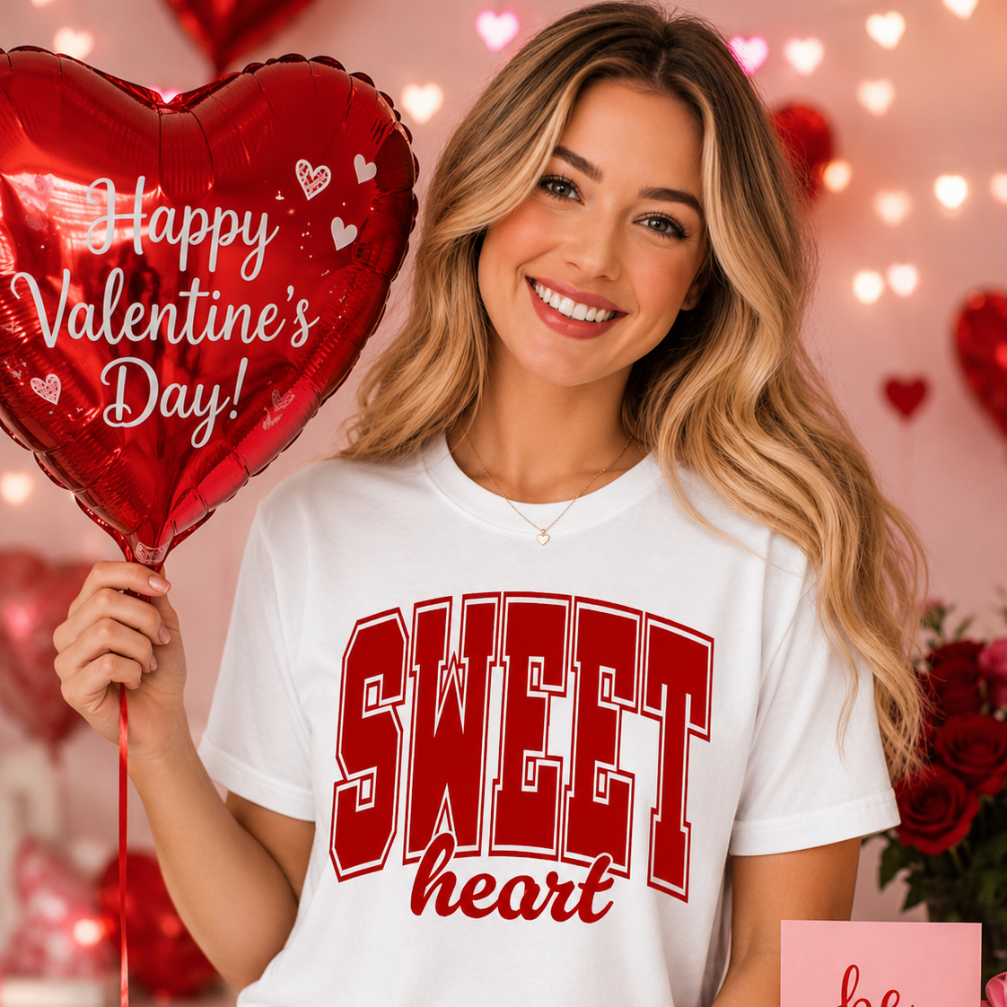 Woman wearing a 'Sweetheart' white shirt holding a Valentine's Day balloon with hearts and flowers in the background.