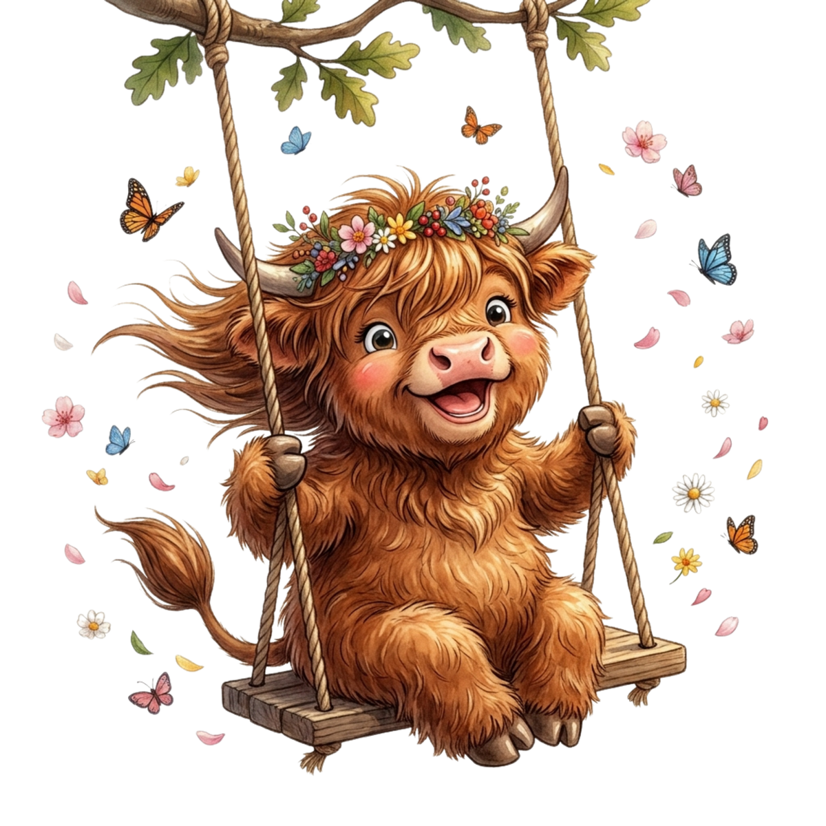 A cute Highland cow with long brown fur, horns, and a flower crown sitting on a wooden swing. The scene is decorated with butterflies, flowers, and leaves on a plain white background.