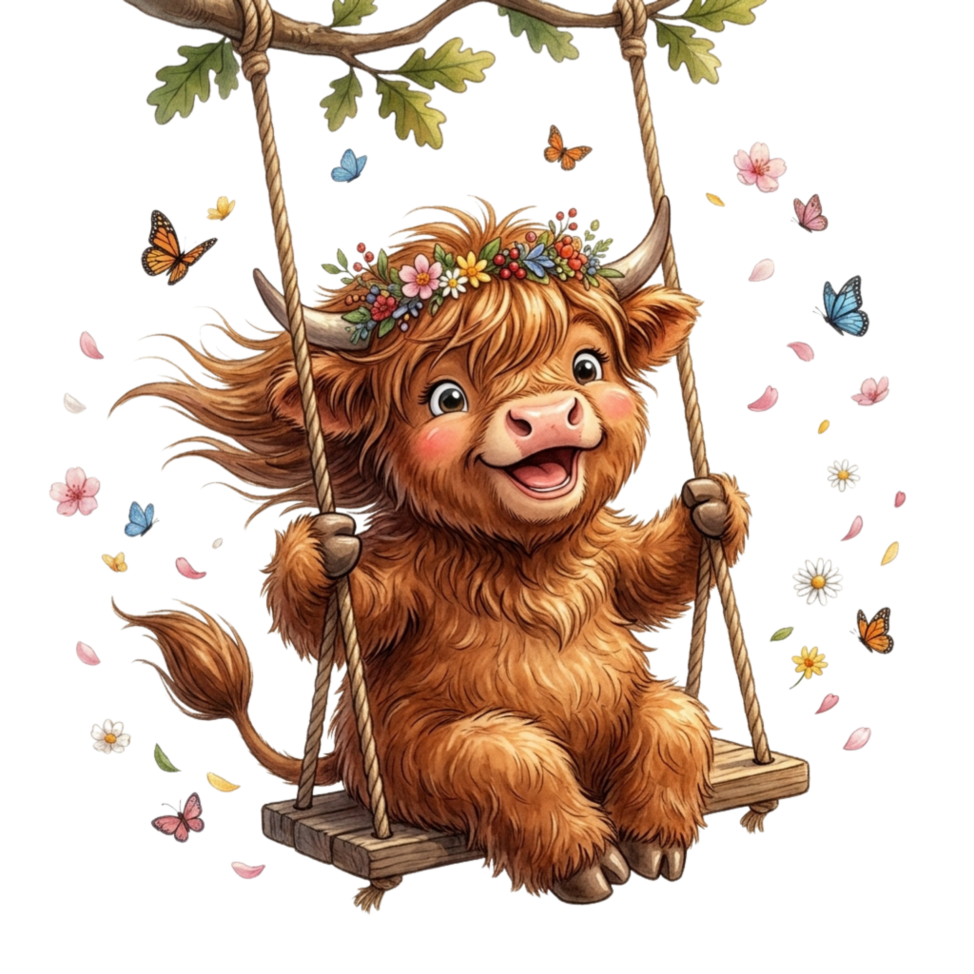 A cute Highland cow with long brown fur, horns, and a flower crown sitting on a wooden swing. The scene is decorated with butterflies, flowers, and leaves on a plain white background.