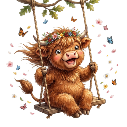 A cute Highland cow with long brown fur, horns, and a flower crown sitting on a wooden swing. The scene is decorated with butterflies, flowers, and leaves on a plain white background.