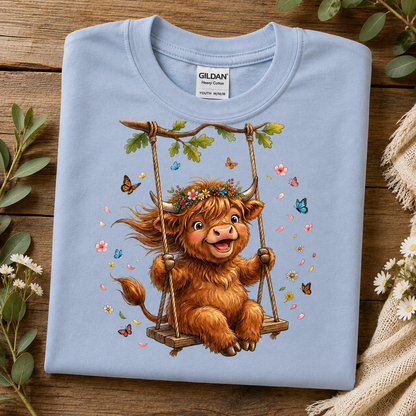 A folded light blue Gildan Heavy Cotton T-shirt is displayed on a rustic wooden surface, decorated with green leaves and white flowers. The shirt features a colorful graphic of a fluffy brown Highland cow sitting on a swing surrounded by butterflies and flowers.