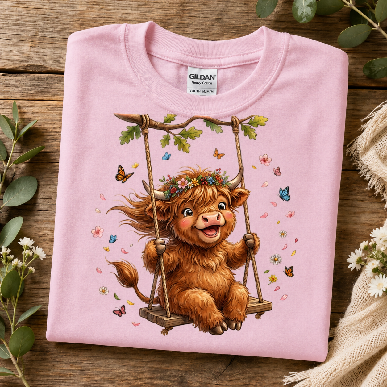 A folded light pink Gildan T-shirt is displayed on a rustic wooden surface, decorated with green leaves and small white flowers. The shirt features a colorful graphic of a fluffy brown Highland cow sitting on a wooden swing with a flower crown.