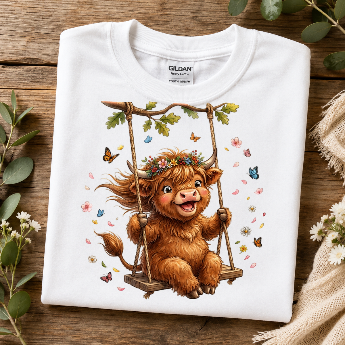 A folded white Gildan Youth男女 short-sleeve t-shirt with a colorful graphic of a fluffy brown Scottish highland cow on a wooden swing, displayed on a rustic wooden background with decorative greenery.