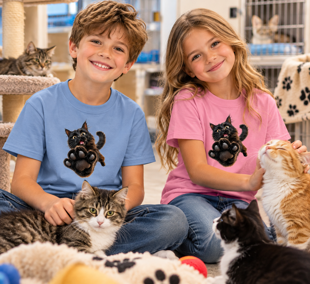 A boy and a girl sitting together in a cat shelter, wearing matching graphic t-shirts with a black cat paw print design. The boy wears a light blue t-shirt and the girl wears a pink t-shirt.