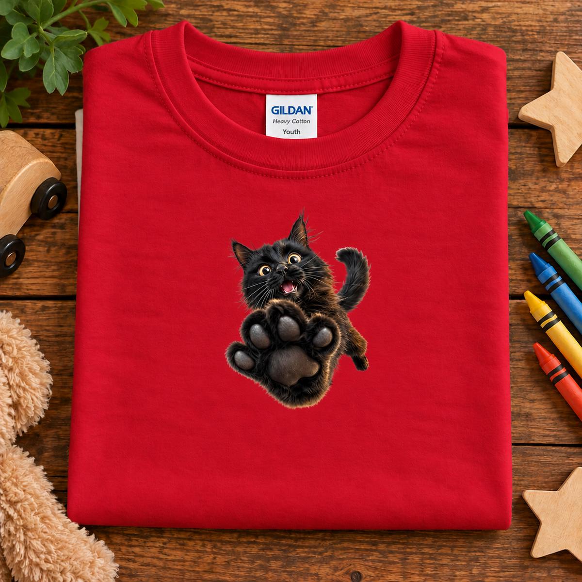 A folded red Gildan youth t-shirt with a graphic of a black cat jumping up, displayed on a wooden surface with toys and crayons.