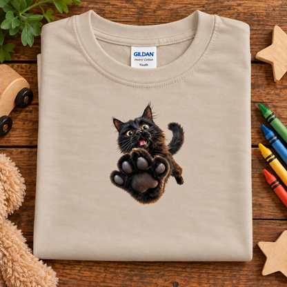 A folded sand youth T-shirt on a wooden surface, featuring a graphic of a black cat with one paw raised. The shirt has a visible Gildan brand label and is styled with toys and crayons around it.