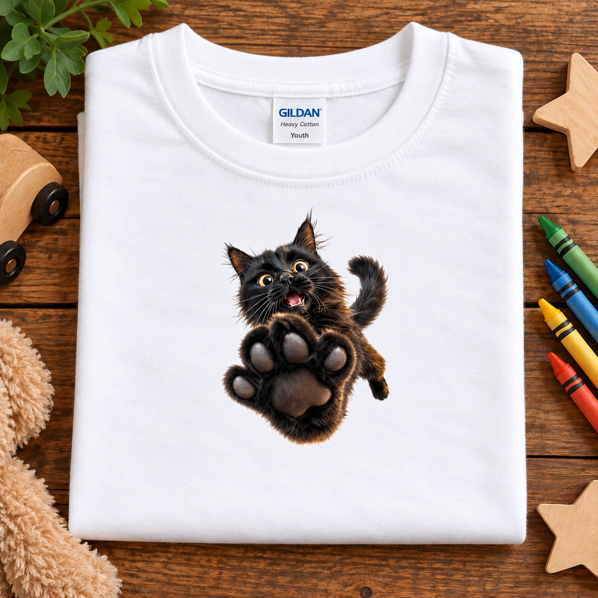 A folded white Gildan youth t-shirt with a graphic of a black cat jumping up with its paw extended, displayed on a wooden surface with toy props.