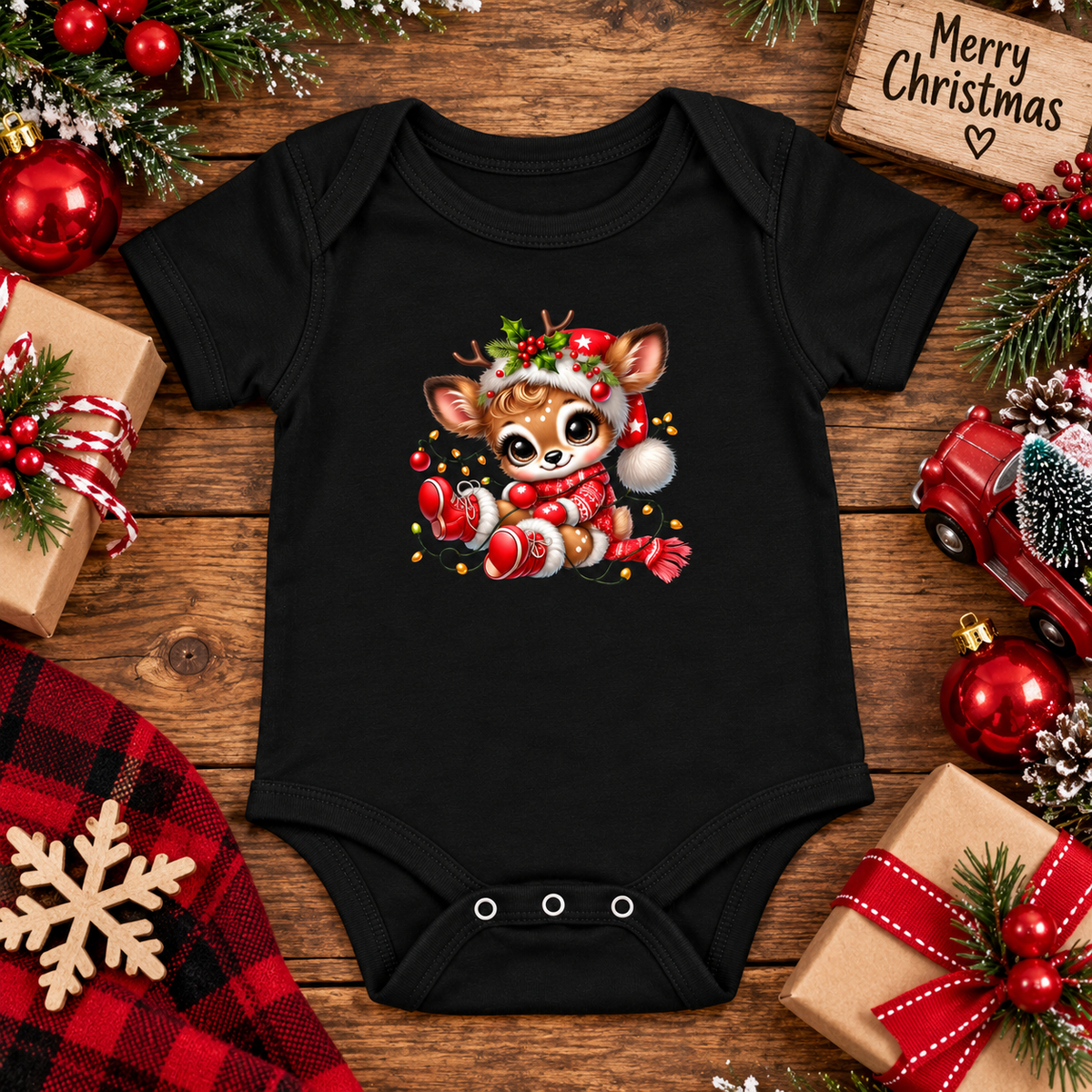 A black baby bodysuit with a colorful cartoon Christmas deer graphic, displayed in a flat-lay Christmas setting on a wooden surface with gift boxes, ornaments, and a 'Merry Christmas' sign.
