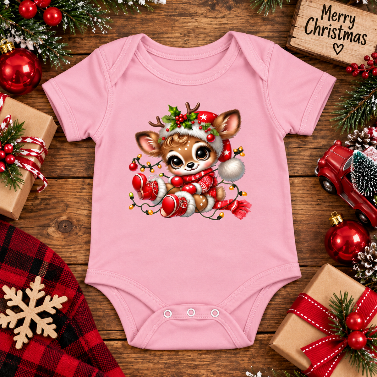 A pink short-sleeve baby bodysuit laid flat on a rustic wooden surface, featuring a large cartoon Christmas deer graphic on the front. The bodysuit is surrounded by holiday-themed props including wrapped gifts, red ornaments, pine branches, a red plaid cloth, a wooden sign reading 'Merry Christmas,' and a red toy truck.