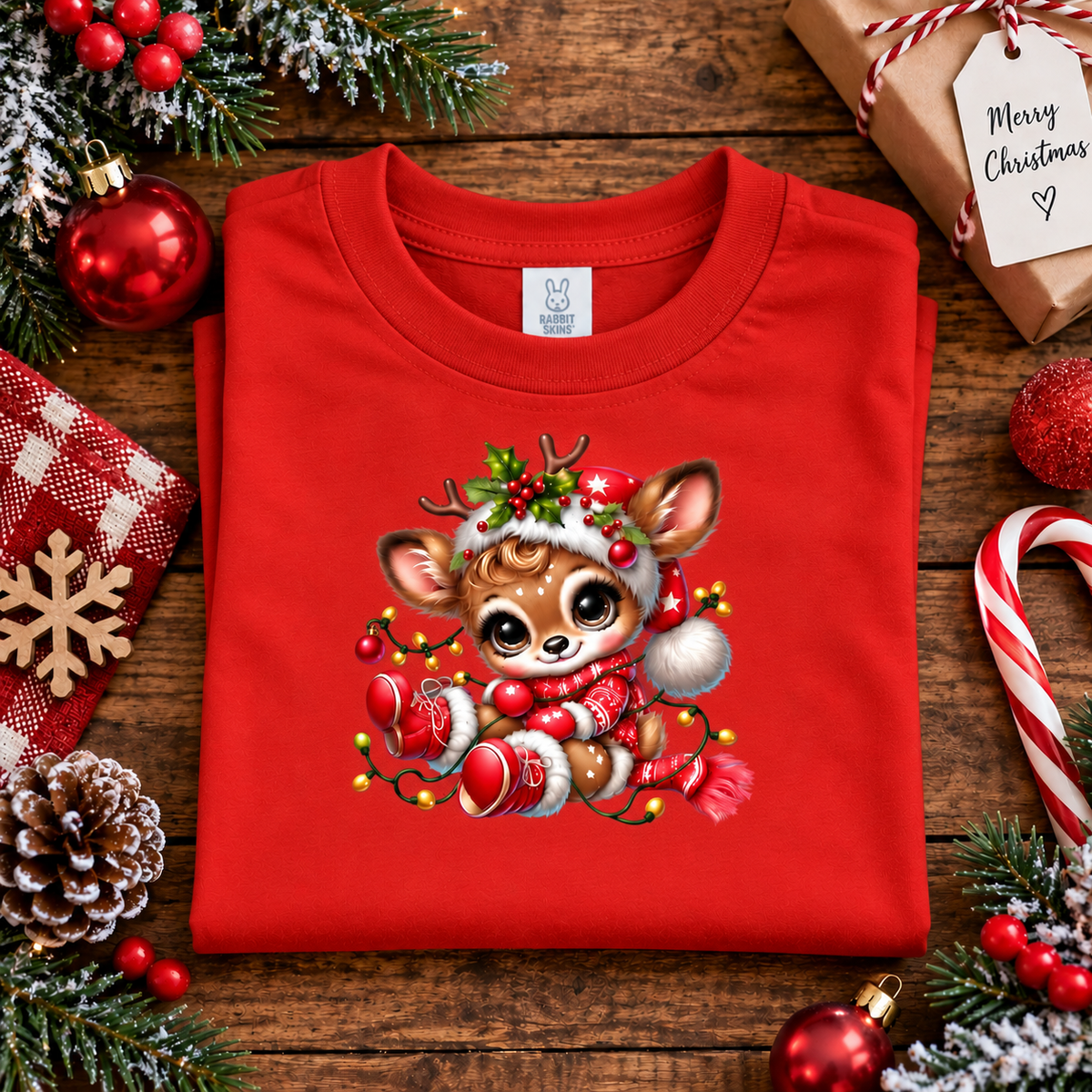 A folded bright red crewneck t-shirt with a cute cartoon deer graphic, styled in a Christmas flat-lay on a rustic wooden background with ornaments, candy canes, pinecones, and a wrapped gift.