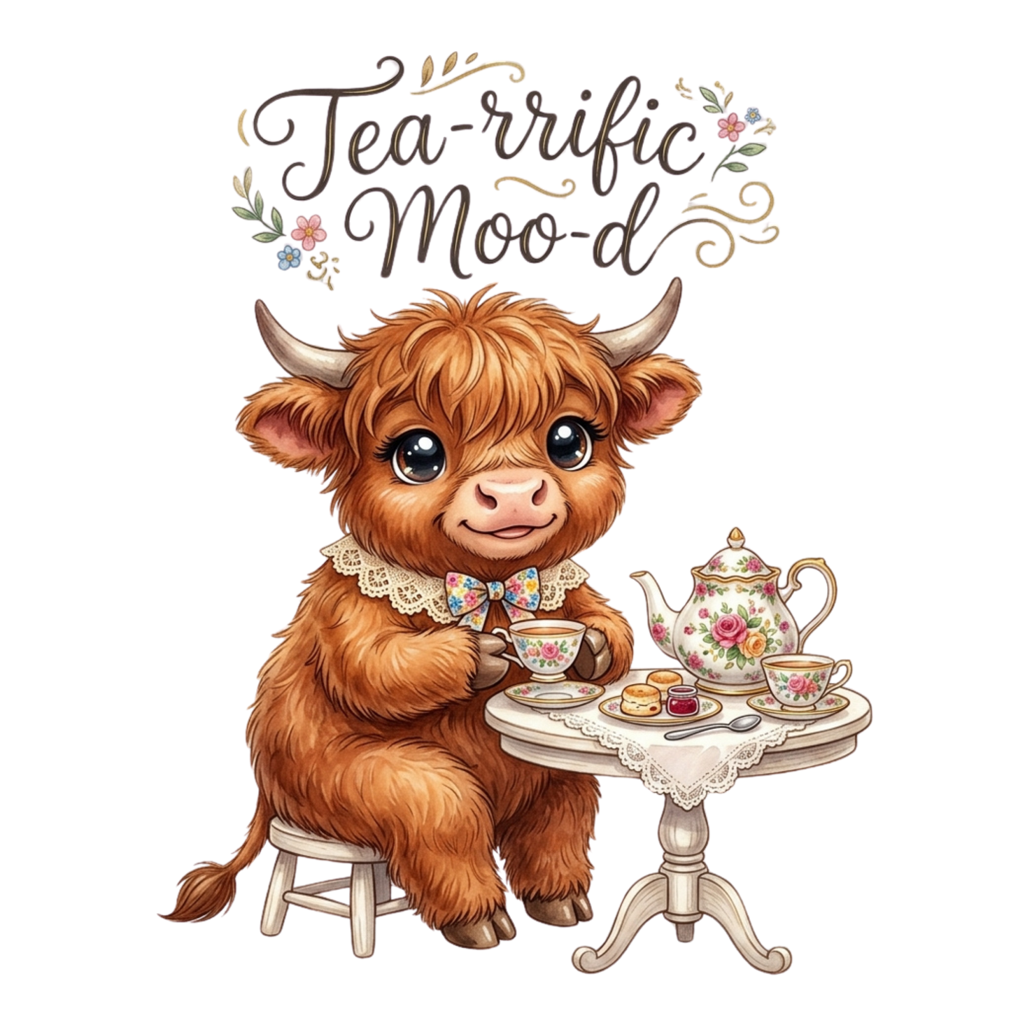 Tea-rrific Moo-d Highland Cow Youth Graphic T-Shirt
