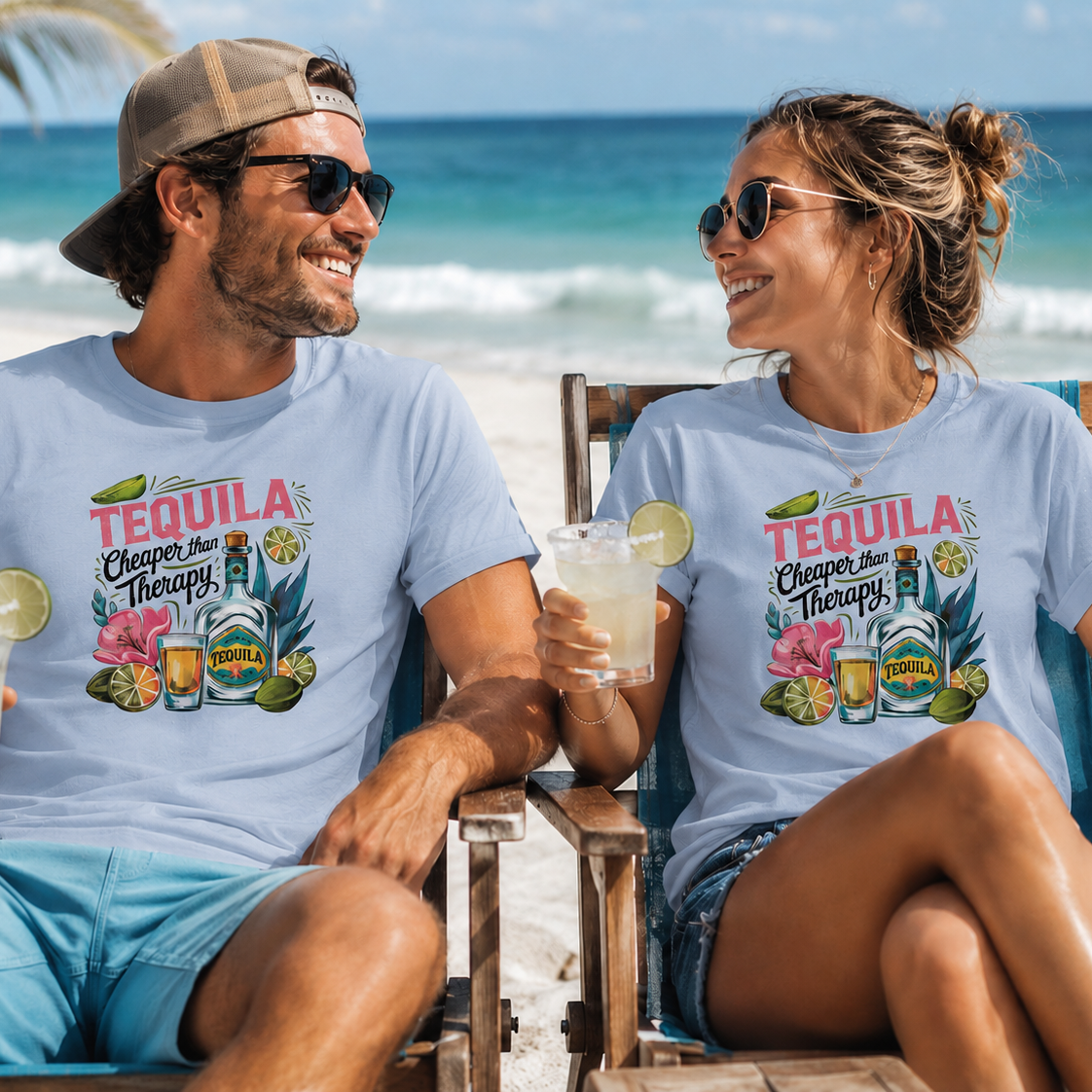 A man and a woman sitting on beach chairs at the ocean, both wearing matching light blue graphic T-shirts with a colorful 'Tequila Cleaner and Therapist' design featuring bottles, flowers, and tropical elements.
