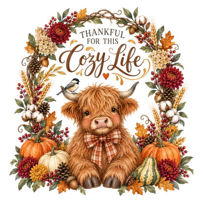 A cozy autumn-themed graphic featuring a fluffy brown highland cow in the center, surrounded by a wreath of fall flowers, pumpkins, wheat, pinecones, and berries. The text reads 'THANKFUL FOR THIS Cozy Life' above the cow.