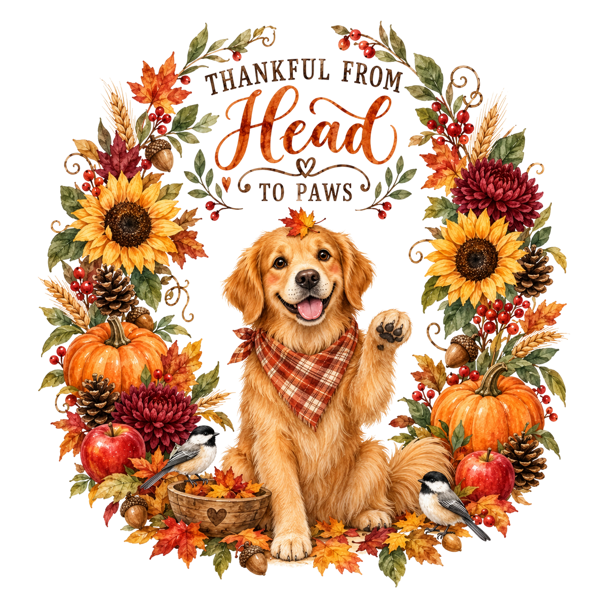 A circular autumn wreath design with a golden retriever in the center wearing a plaid bandana, surrounded by pumpkins, sunflowers, leaves, acorns, pinecones, birds, and the text 'THANKFUL FROM Head TO PAWS' on a white background.