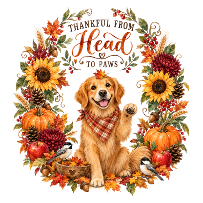 A circular autumn wreath design with a golden retriever in the center wearing a plaid bandana, surrounded by pumpkins, sunflowers, leaves, acorns, pinecones, birds, and the text 'THANKFUL FROM Head TO PAWS' on a white background.