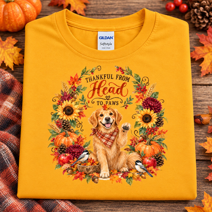 A folded gold Gildan Softstyle T-shirt with a colorful autumn graphic featuring a golden retriever, sunflowers, pumpkins, acorns, birds, and the text 'THANKFUL FROM Head TO Paws'. The shirt is styled on a rustic wooden surface with fall leaves, pinecones, and a plaid blanket.
