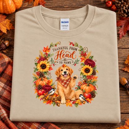 A folded sand Gildan Softstyle t-shirt with a colorful autumn-themed graphic of a golden retriever dog surrounded by sunflowers, pumpkins, and fall leaves. The shirt is displayed on a rustic wooden background decorated with autumn leaves, acorns, and a plaid blanket.