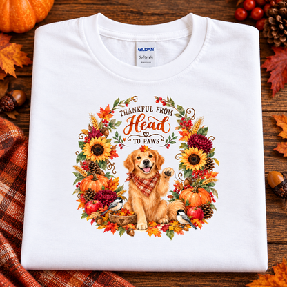 A folded white Gildan Softstyle T-shirt laid flat on a rustic wooden surface with autumn props. The shirt features a colorful printed design of a golden retriever surrounded by fall leaves, pumpkins, pinecones, and the text 'THANKFUL FROM Head TO Paws.