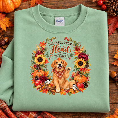 A folded mint green Gildan Heavy Weight sweatshirt with a detailed autumn-themed graphic of a golden retriever surrounded by a fall wreath, displayed on a rustic wooden background with seasonal props.