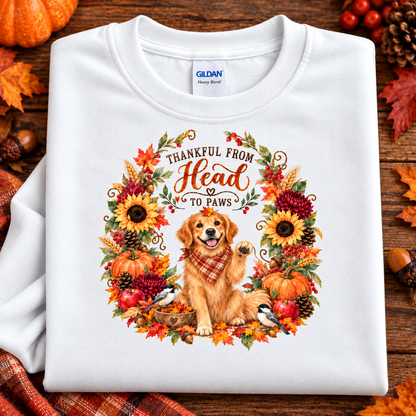 A folded white Gildan Heavy Bird t-shirt with a colorful autumn-themed graphic of a golden retriever dog inside a wreath, displayed on a rustic wooden background with fall leaves, pumpkins, and pinecones.