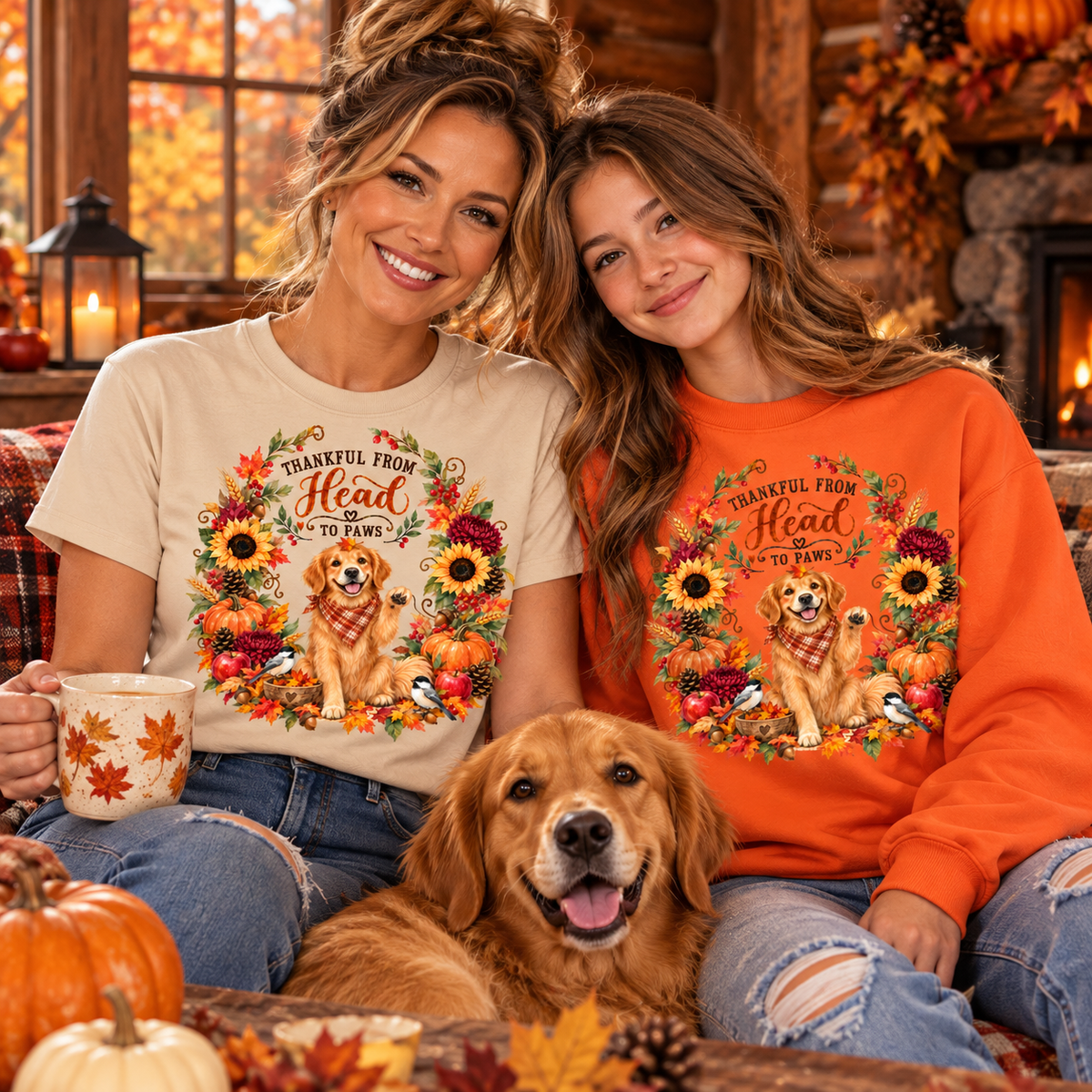 Two women and a golden retriever dog sit together in a cozy fall-themed room, wearing matching graphic t-shirt and sweatshirt designs. The beige t-shirt and orange sweatshirt both feature a dog wearing a bandana surrounded by autumn leaves and sunflowers, with the text 'TANKERY FROM Head Go To Paws'.