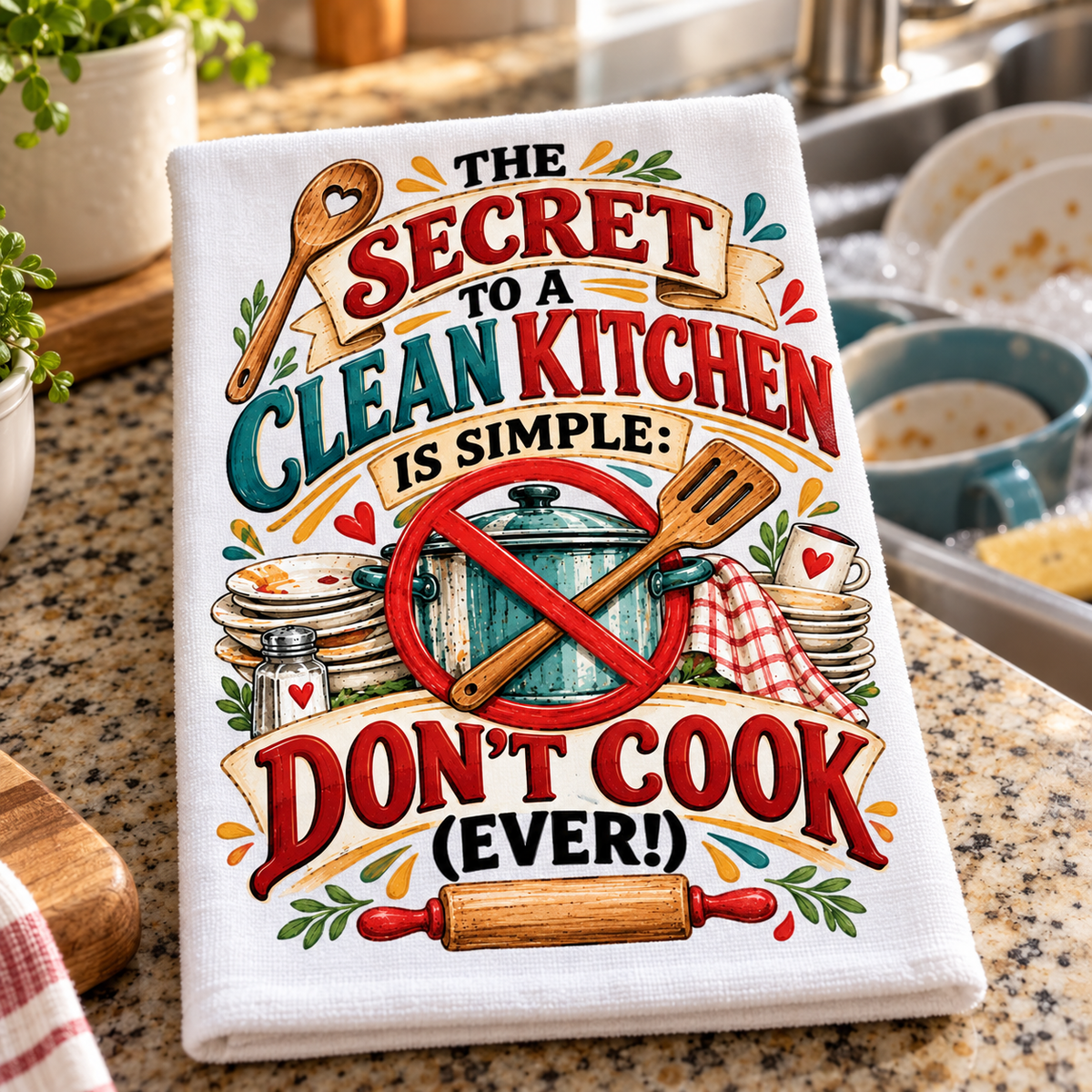 A white kitchen towel with a colorful retro-style graphic that reads 'THE SECRET TO A CLEAN KITCHEN IS SIMPLE: DON'T COOK (EVER!)' is displayed on a granite countertop in a kitchen setting.