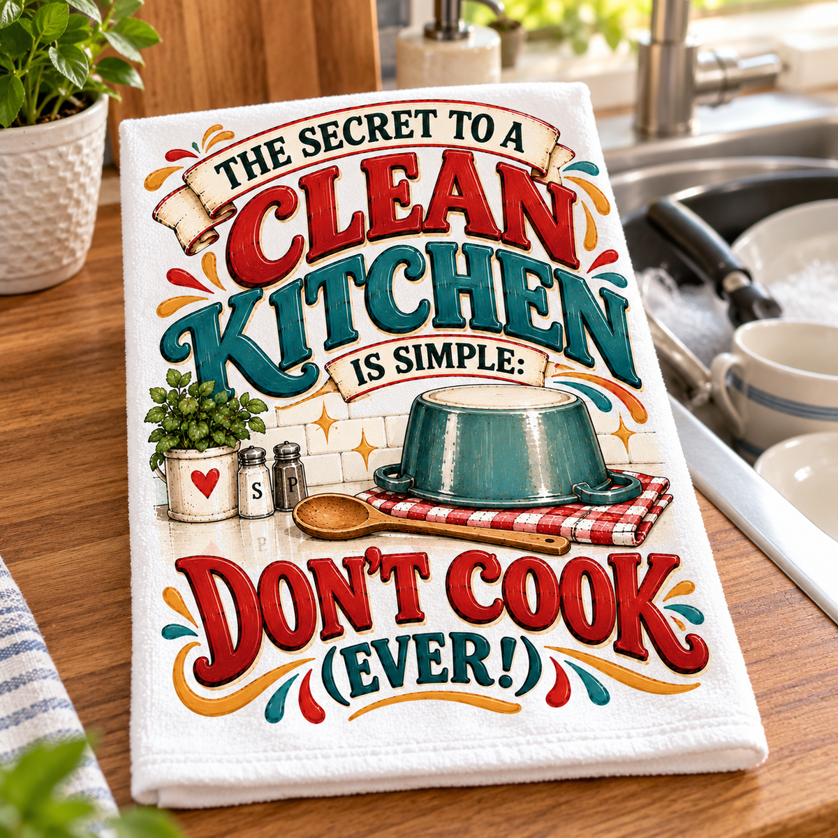 A white kitchen towel with a colorful retro-style graphic that reads 'THE SECRET TO A CLEAN KITCHEN IS SIMPLE: DON'T COOK EVER!' is displayed on a wooden countertop near a sink and dishes.