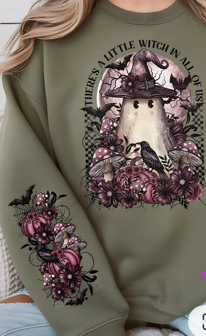 Sweatshirt with a graphic design of a ghost in a witch hat surrounded by flowers and text.