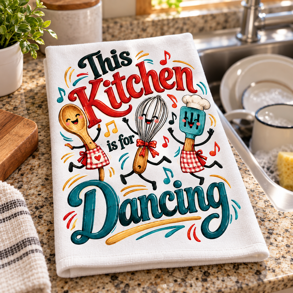 A white kitchen towel with a colorful cartoon graphic of a wooden spoon, a whisk, and a blue mixing bowl dancing under the words 'This Kitchen is for Dancing,' placed on a granite kitchen countertop near a sink and dishes.