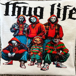 A t-shirt with a graphic print of several characters from horror movies wearing hoodies and the text 'THUG LIFE' across the top.