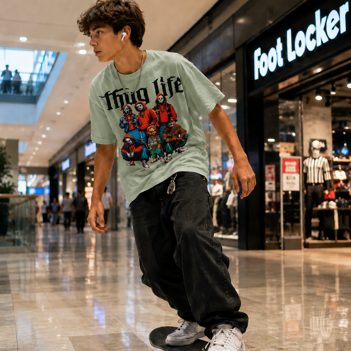 Person skateboarding in a mall with a bay colored t-shirt with the text Thug Life with a graphic design